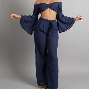 Saffie | Navy Bardot Bell Sleeve Top And Wide Pant